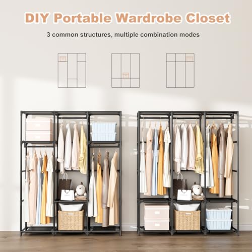 Image of Wardrobe Closet Portable Closets for Hanging Clothes Large Capacity Clothes Rack with Cover, 3 Hanging Rods, 6 Shelves and 8 Pockets, Strong and Stable Free Standing Closet for Bedroom, Black