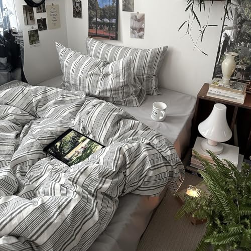 Image of mixinni Washed Cotton Duvet Cover Twin Set - 3 Piece Gray & White Striped Bedding with Pillowcases | Vintage Industrial Style | 100% Cotton Soft Breathable-Twin Size