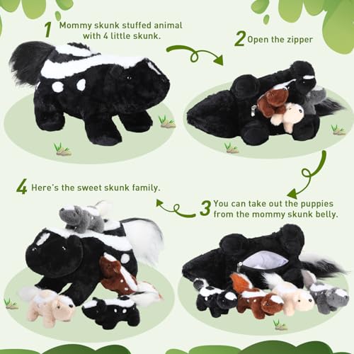 Image of Hollowfly 5 Pcs Skunk Stuffed Animal Set Skunk Mommy with 4 Baby Toy