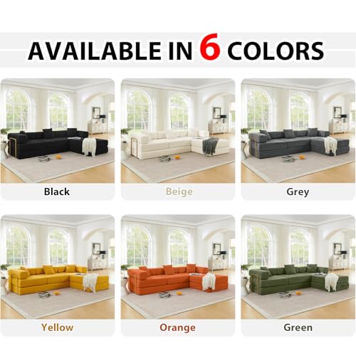 Image of HANXIN 108 inch Modular Sectional Sofa,Futon Convertible Sofa Bed,Oversized Corduroy Boneless Couch for Living Room,Floor Loveseat Sleeper with Pull Out Bed,Free Combination,No Assembly Required (Yellow)