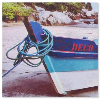 Tableau barque sur la plage 50x50 cm pour salon esprit bord de mer