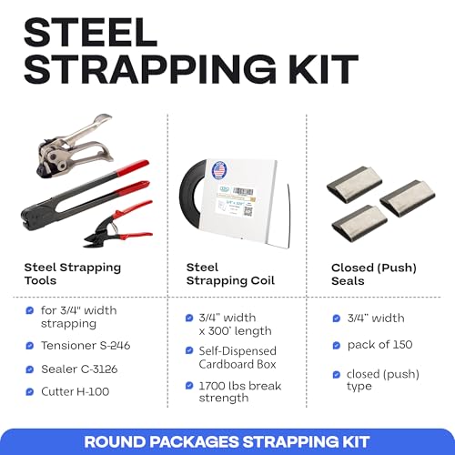 Image of IDL Packaging Round Packages Strapping Kit for 3 /4 inch x 300' Steel Strapping, 1700 lbs Break Strength - Packaging Strapping Solution for Pipes - Enough Strapping and Seals for 150 Uses Before Refill