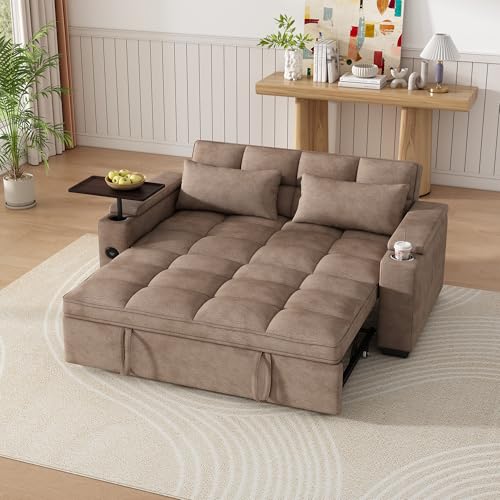 Image of Dreamzie 65'' 3 in 1 Convertible Sleeper Sofa Bed, Chenille Pull Out Couch for Living Room with 90 Swivel Side Table, Loveseat Sleeper with Charging Port | Side Pocket | Cup Holders, Khaki