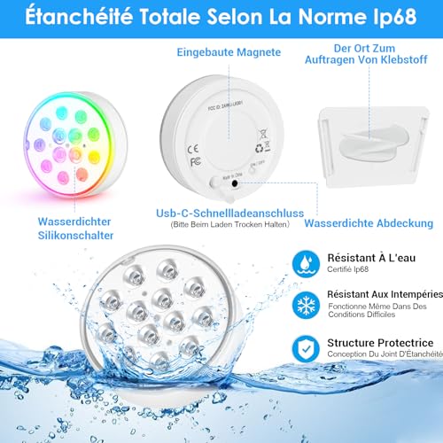 Carastek Ricaricabile Led Sommergibili Luci Con Telecomando 2 Pezzi 13 Led Piscina IP68 Impermeabile Luci Subacquee 16 Colori Luce Sommergibili Luce Piscina Rgb Adatta Per Acquario, Stagno - 5