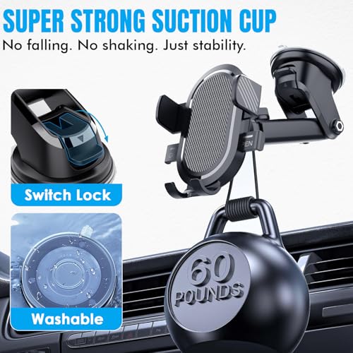 Image of One7 Car Phone Holder with Suction Cup | Adjustable Dashboard & Windshield Holder | One-Hand Operation Gravity Trigger | 360 Rotation + Extendable Arm | Fits Most Smartphones