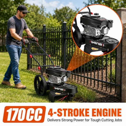 Image of AMERISUN 22 inch Gas Walk Behind String Trimmer with 1.9 inch-4.0 inch Cutting Height | 170cc 4-Cycle Gas Wheeled Weed Trimmer, 14 inch High Wheels, Foldable Handle, for Tall Grass, Brush and Overgrown Areas