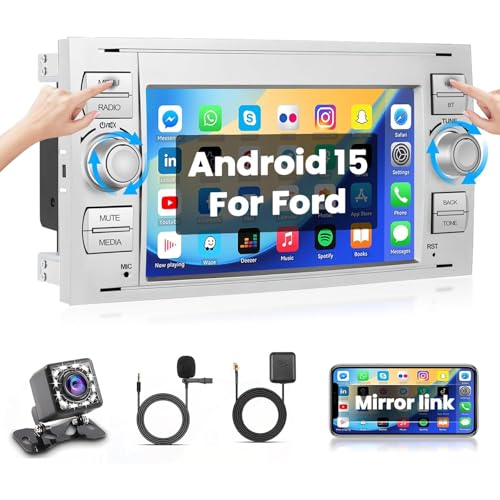 Hikity White Android 15 Autoradio para Ford Fiesta Focus Mondeo Transit Kuga C MAX S MAX 7 '' de Pantalla Táctil de Radio Navi GPS WiFi Bluetooth Mirror Link FM RDS Split Screen Backup Camera(1+32GB)