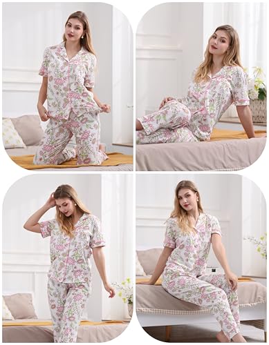 Image of NAP BOUND 100% Cotton Women's Pajama Sets Short Sleeve Button Down Soft Pjs 2 Piece Lounge Set with Pocket Nightwear XS-XXL
