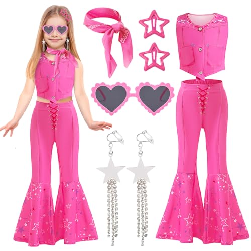 Beamely Conjunto de trajes de vaquera rosa para niñas trajes de cosplay de película infantil conjunto de accesorios de disfraz rosa para niños, fiesta de carnaval, disfraz de Halloween