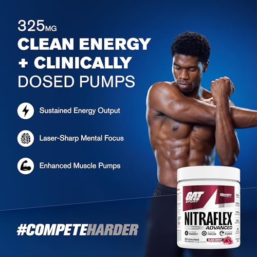 Image of GAT SPORT Nitraflex Advanced Pre-Workout Powder - Energy Drink Mix - Supports Healthy Blood Flow - Boosts Strength & Energy - Creatine-Free - 30 Servings - Black Cherry