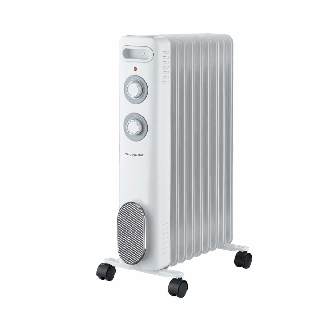 THOMSON - Radiateur mobile bain d'huile CALISTA 2000W blanc, protection contre le renversement et la surchauffe, avec thermostat réglable, silencieux, avec roulettes