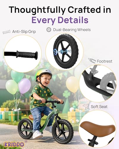 Image of KRIDDO Toddler Balance Bike 2 Year Old, Colorful Lighting Kids Balance Bike for 2-5 Years Old, 12 Inch Balance Bicycle with Bell, Tool-Free, Adjustable Seat, Handlebar, Gift for 2-3 Boys Girls