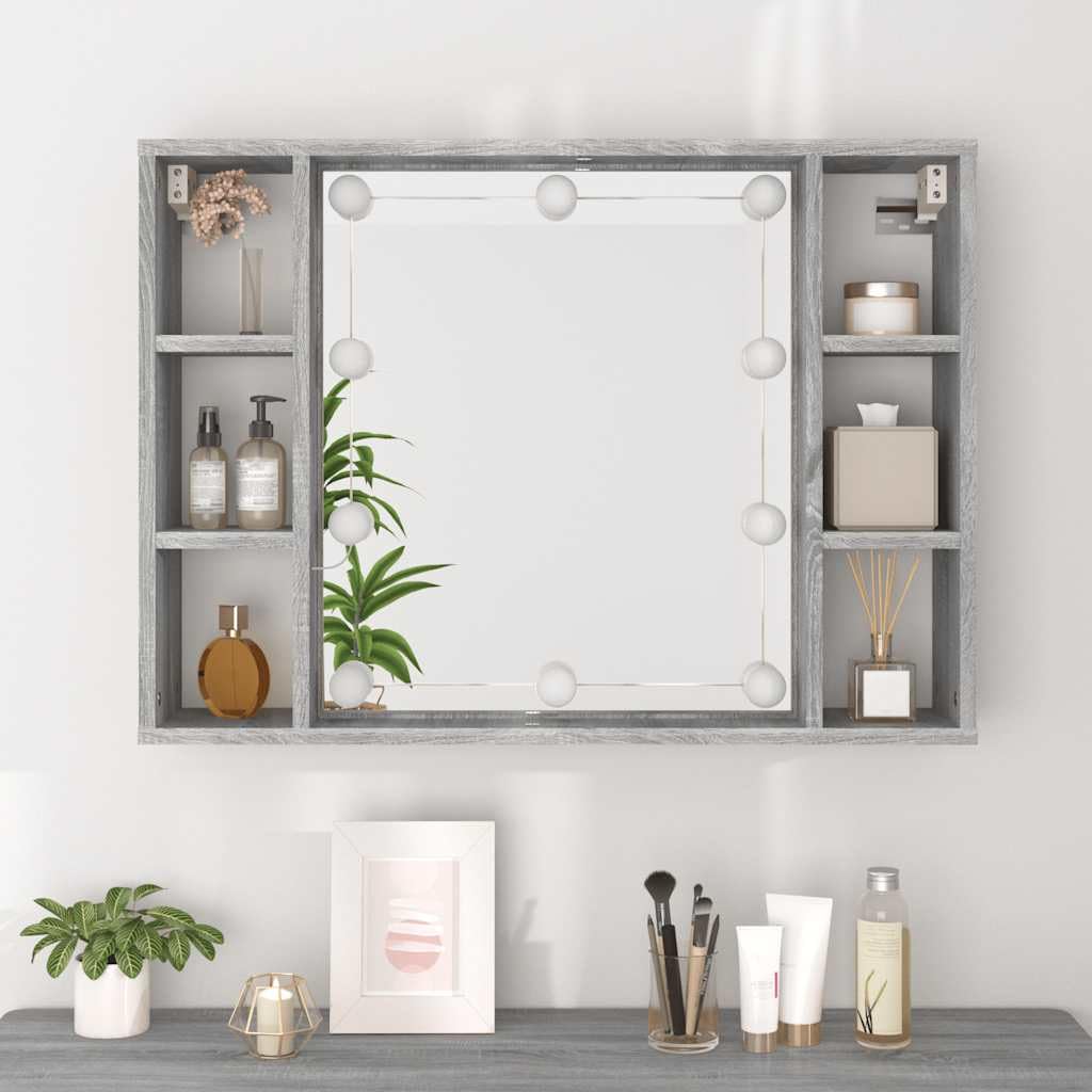 Szafka z lustrem LED Sonoma szara, 76 x 15 x 55 cm, do łazienki i sypialni, z dużą ilością miejsca do przechowywania, montaż ścienny, trwały materiał drewnopochodny, oświetlenie USB