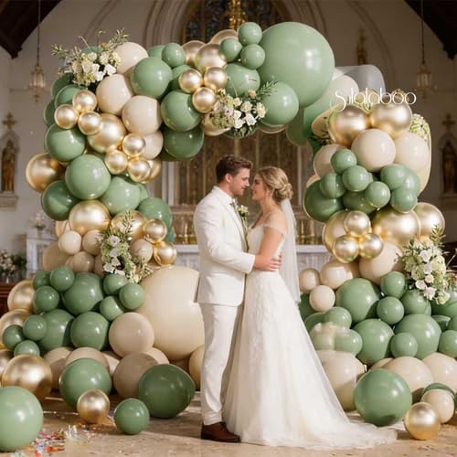 Image of Sage Green Balloons Arch Kit 155Pcs Sand White Gold 18 10 5 Inch | Olive Green Metallic Different Sizes LatexBalloon Garland for Birthday Anniversary Wedding Party Decorations