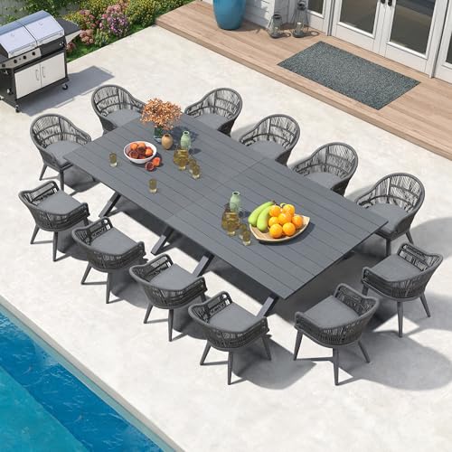 Image of PURPLE LEAF 13 Pieces Oversized Patio Dining Set with Outdoor Aluminium Dining Table and Woven Chairs Modern Metal Furniture Cushions Sets for Garden Yard Indoor Decor Kitchen Gray