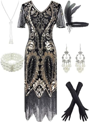 Image of Women 1920s Gatsby Vintage Sequin Flapper Fringe Party Plus Dress with 20s Accessories Set