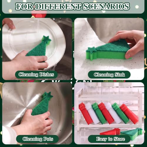 Image of Tioncy 12 Pack Christmas Tree Kitchen Sponges Bulk Red Green and White Dual Sided Scrubber Sponges Dishwashing Kitchen Cleaning Accessories for Household Supplies(4.33 x 2.76 x 0.98 Inches)