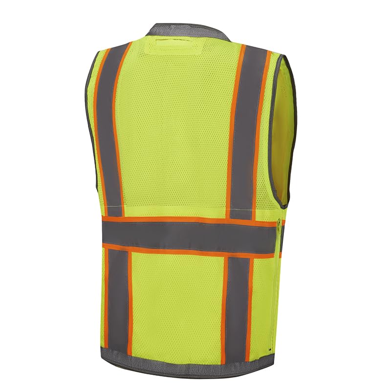 SV2700, Class 2, Hi-Vis Neon Green Yellow Lime Safety Vest Reflective Strips w/Orange Binding, 9 Pockets (IPAD)2