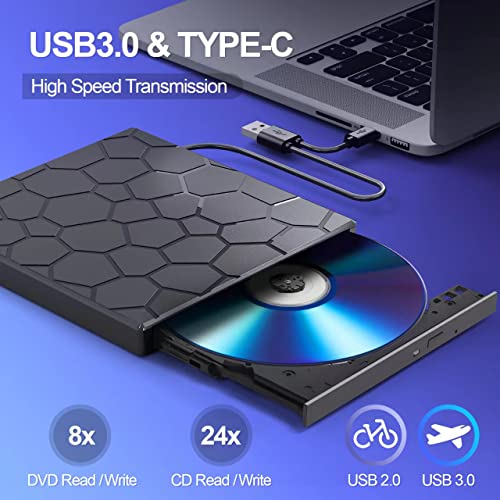 Image of External CD /DVD Drive for Laptop, 8 in 1 USB 3.0 Ultra-Slim Portable DVD Player for Laptop, CD ROM Burner Writer External Disk Drive Optical Compatible with Laptop Desktop PC Mac Windows Mac Linux OS