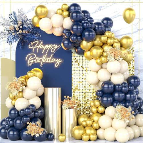 Image of Chrome Balloons, 50pcs Navy Blue Gold Chrome Metallic Balloons | Navy Blue Sand White Metallic Gold Balloon Garland Kit for Boys Men Birthday Wedding Anniversary Decoration