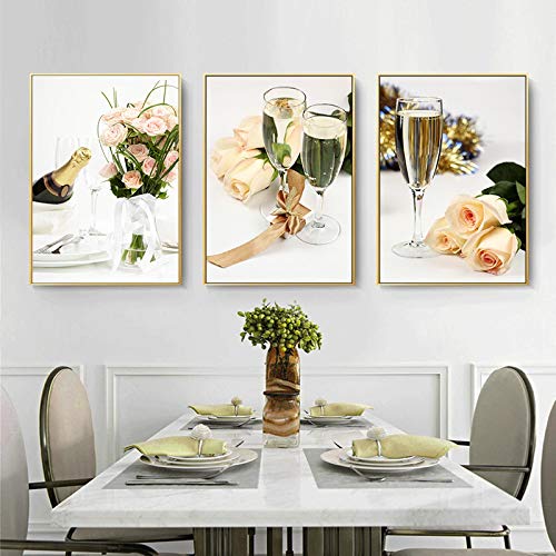Affiche toile roses et champagne poster moderne 70x100cm triptyque décoration murale salle à manger