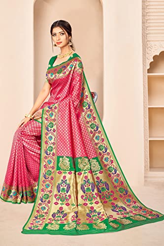 Image of Jaanvi fashion Women's Paithani Silk With Zari Jacquard Work Saree With Blouse Piece(royal-paithani-pink-green)
