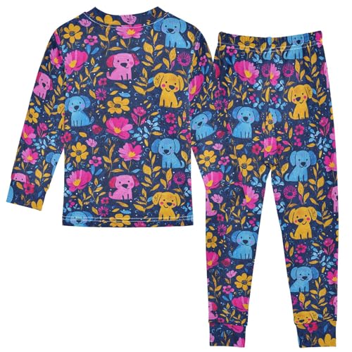 Cute Dogs and Flowers Pattern Cute Pajama Sets Long Sleeve Top and Pants, Snug Fit Sleepwear for Night Wears2