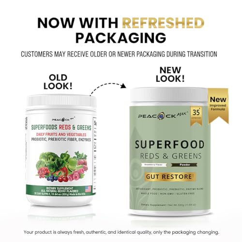 Image of Superfood Reds & Greens Powder - 11.64 oz, Prebiotics & Probiotics for Digestive Health, Super Greens Powder with Ashwagandha for Gut Health, Immunity, Antioxidants, Strawberry Flavor, Vegan, Non-GMO