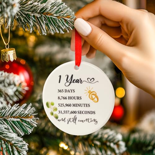 Image of First Wedding Anniversary Ornament 2024 - Handcrafted Round Ceramic Mr. & Mrs. Keepsake - Romantic 1 Year Married Ornament for Couples - First Christmas Married Gift - 2024 Holiday Home Decor