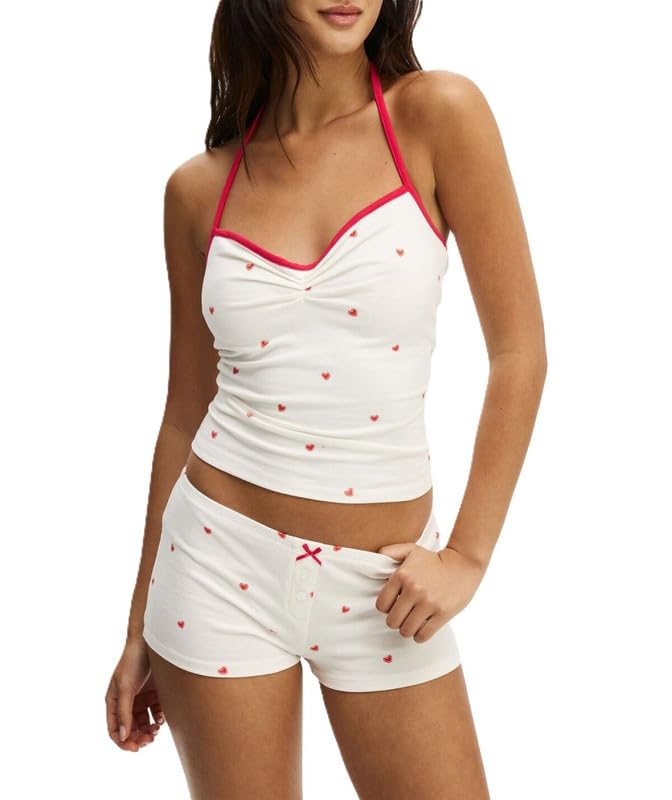 Image of Womens Y2K Cute Print Cami Pajama Sets Lace Trim V Neck Tank Top Shorts Set Bow Heart Print 2 Piece Sleepwear