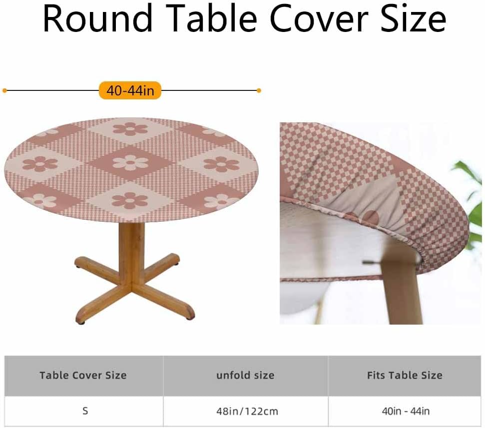 Floral Buffalo Round Fitted Tablecloth Plaid Pixel Pattern Retro Pink Diagonal Stripes Elastic Edge Tablecloth Waterproof Oilcloth Table Cover for 40"-44" image 2