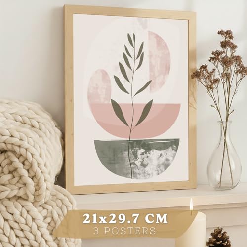 Nacnic Lot De 3 Affiches Décoratives Zestaw, Formes Vertes Et Roses, Pour Une Décoration De Salon Moderne Art Mural, Tableaux Décoratifs Motifs Floraux, Dimensions Disponibles A4 Cadre En Bois Léger – vue 3