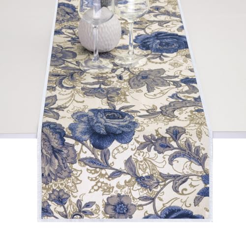 Chemin de table en coton fleurs lavable blanc bleu protège table dîner et mariage
