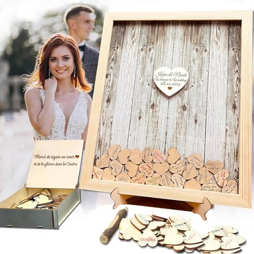 Neamon Livre d'or pour Le Mariage Panneau de Stylo Alternatif Cadre en Bois pour Le baptême Décoration de la fête d'anniversaire 120 Coeurs