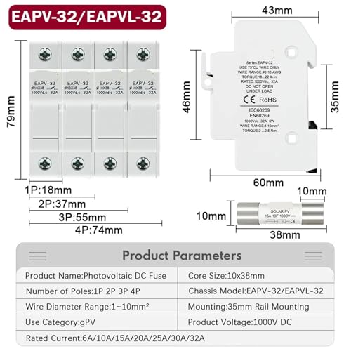 Porte-fusible Solaire DC 1P 1000V pour protection de panneau photovoltaïque EAPV-32