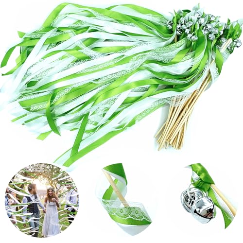 Wedding Wands,50 Stück Stäbe mit 100 Groß Glöckchen und 150 Hochzeitsbändern,Seidenfeenstab,Gastgeschenke für Partys,Zauberstäbe Hochzeit Luftschlangen,für Hochzeiten,Geburtstage,Feiertagsfeiern