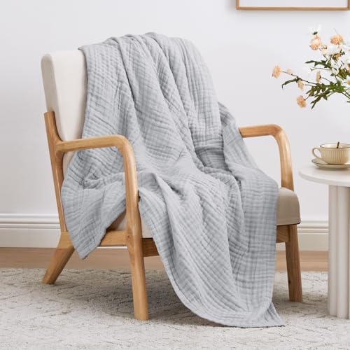 Image of Love's cabin 100% Cotton Muslin Blanket, 6 Layer Lightweight Breathable Gauze Throw Blanket 50 x 60 Inches, Soft All Season Blanket for Couch, Bed, Sofa, Light Grey