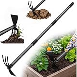 Garden Hoe with 3-Tine Cultivator Rake, 2-In-1 Carbon Steel Sharp Weeding Tool...