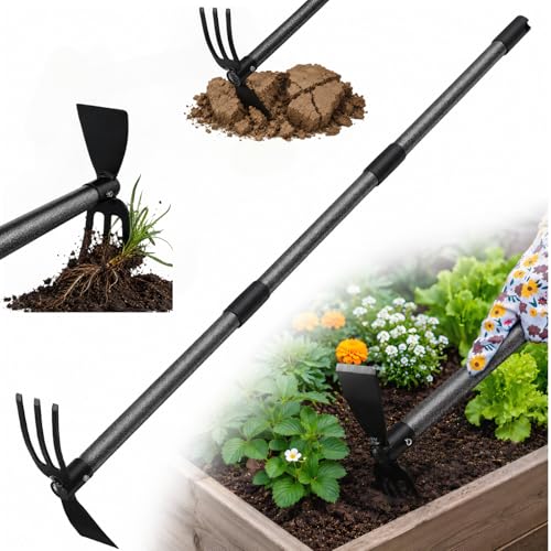 Heavy Duty 2-In-1 Garden Hoe with 3 Tine Cultivator Rake, Carbon Steel Sharp Weeding Tool with 45"Adjustable Handle For Weed Removal & Soil Loosening In Raised Beds, Flower & Vegetable Gardens