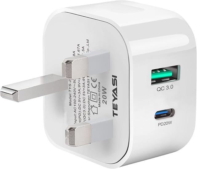 USB C Plug Fast Charge 20W,TEYASI USB and Type C Charger Plug Adapter UK Dual Ports Fast Charging for iPhone 14/14 Pro/14 Pro Max/13/13 Pro/13 Pro Max /12/12 Pro/12 Pro Max/11/11 Pro/iPad Pro/Samsung