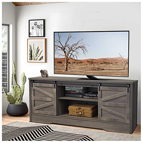 Becko Farmhouse TV Stand Entertainment Center tv Table for 65 Inch TVs Vintage Rustic Media Console Television Cabinet with Silding Barn Door & Adjustable Shelves (Gray)