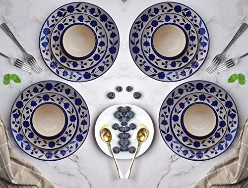 Phezent Blue Floral Ceramic Plates for Dinner with Katori (12 Pieces, 4 Dinner Plates, 4 Quarter Plates, 4 Katori Bowl Dishwasher & Microwave Safe) -Dinner Sets Ceramic Dinner Set Bowls Set Dinnerware Sets