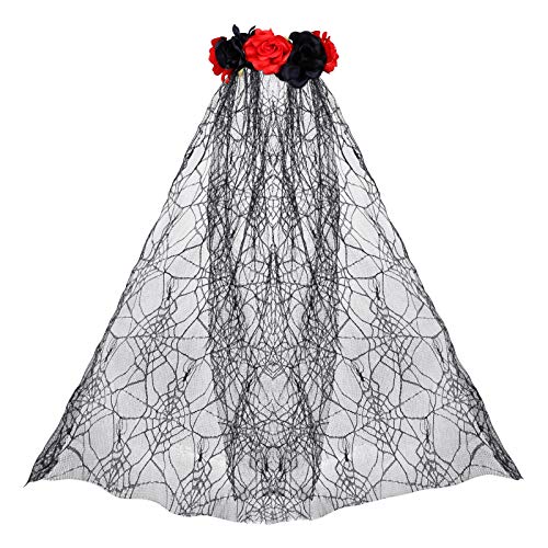 LIHAO Deguisement Halloween Femme, Halloween Bandeau Jour des Morts Mexicain avec Rose Voile Serre-Tete Floral Femmes Déguisement Accessoire