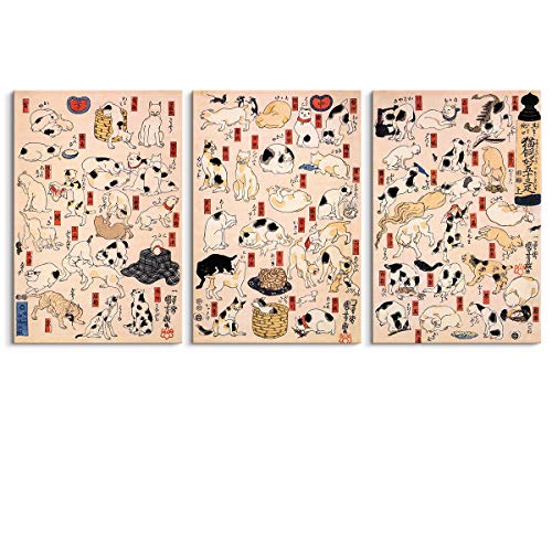 3-Panel Canvas Print Wall Art - Japanese Painting - Cats Suggested as The Fifty-Three Stations of The Tokaido by Utagawa Kuniyoshi - 24x36 inches x 3 Panels