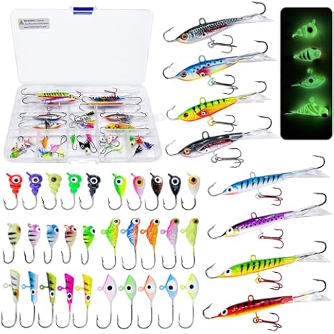 Bombite 38Pcs Ice Fishing Jigs Ice Fishing Lures Kit Glow Ice Fishing Jigs Heads Crappie Jigs Winter Fishing Hard Lures with Tackle Box Cover