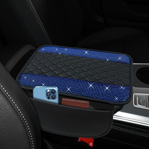 ongfuwu Bling Leather Car Center Console Cover, 12.2"×7.48" Crystal Rhinestone Automotive Arm Rest Cover with Side Pockets, Universal Vehicle Armrest Protector, Interior Car Accessories (Royal Blue)