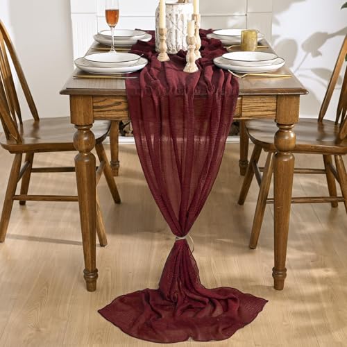 Artoid Mode 3PC Boho Cheesecloth Gauze Burgundy Wedding Table Runner, 120 Inch Seasonal Fabric Kitchen Dining Holiday Table Decor for Home Party Indoor