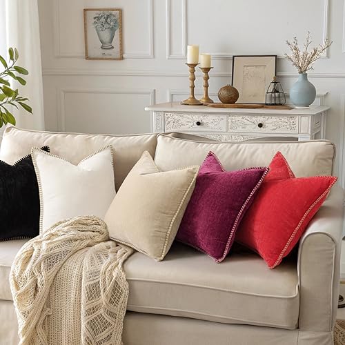 Image of decorUhome Soft Chenille Throw Pillow Covers 24x24 Set of 2 Christmas Red