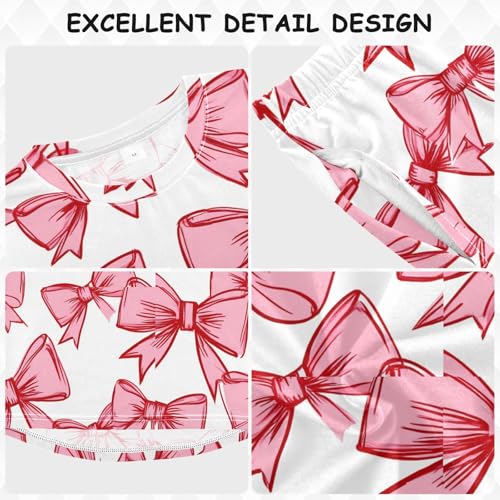 Pink Bows on White Soft Pajama Set for All Seasons,Breathable Pjs Long Sleeve Sleepwear,Comfy Loungewear 2 Piece Underwear Set 3T3