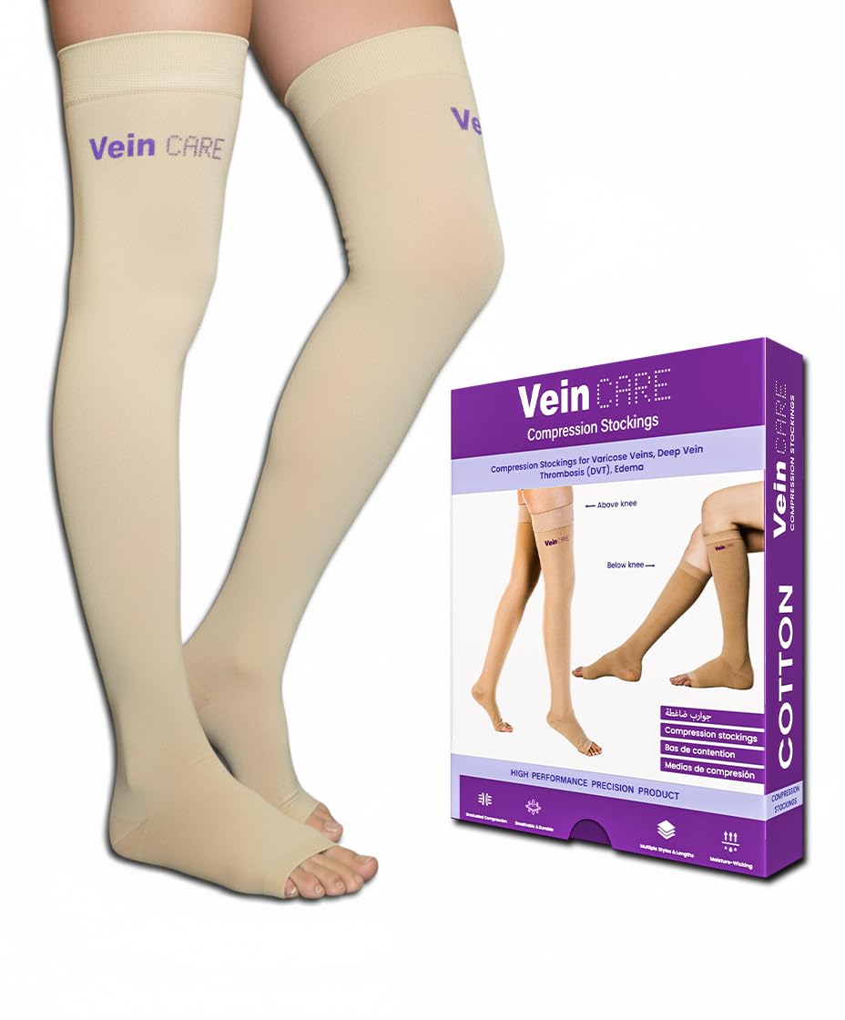 Vein Care Compression Stockings Above Knee for Varicose Veins, Cotton, 21-32 mmHg, Class 2 Compression, Pair-picture-27